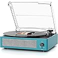 Record Player Wireless Bluetooth Turntable with Speakers for Vinyl Records Belt-Driven Vintage Turntable Support 3-Speed, Headphone, RCA Line, AUX-in for LP Players Home Decoration Blue