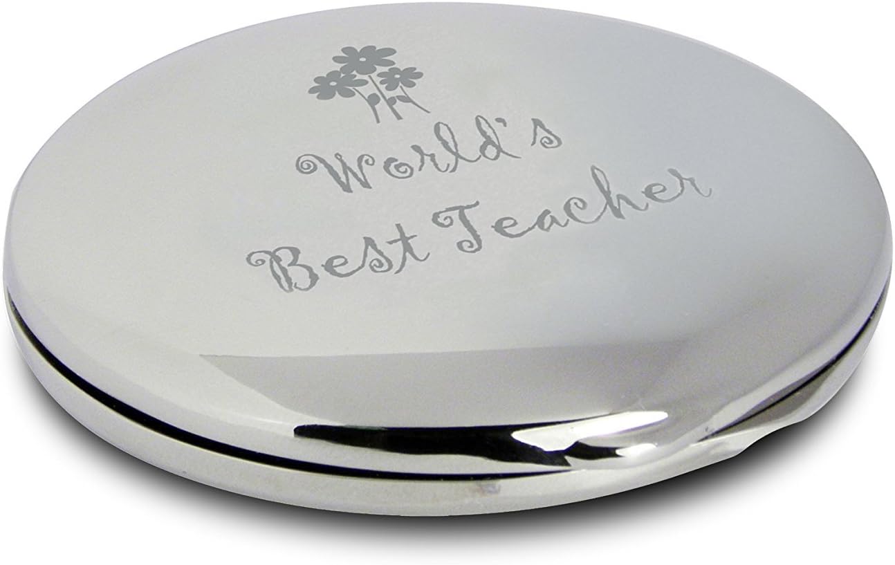 Silver Finish WORLDS BEST TEACHER Engraved Round Compact Mirror featuring Flower Motif Great Thank You Gift for Teachers Presents Gifts