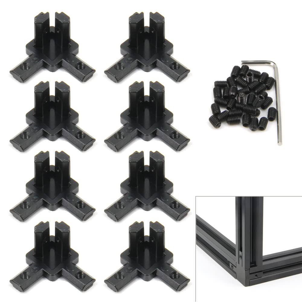 Yeebyee 3 Way End Corner Brackets Connector Set with M4 Screws for 6mm Slot 2020 Series Aluminum Extrusion Profile, 8pcs/Pack (Black-2020Series)