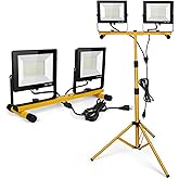 LED Work Lights with Stand, 21000 Lumen, 2-Head Adjustable Work Light, Waterproof Foldable Tripod, 6,500 Kelvin, Extended Cord for Outdoor & Indoor Job Sites, Workshops, Construction, Garage Lighting