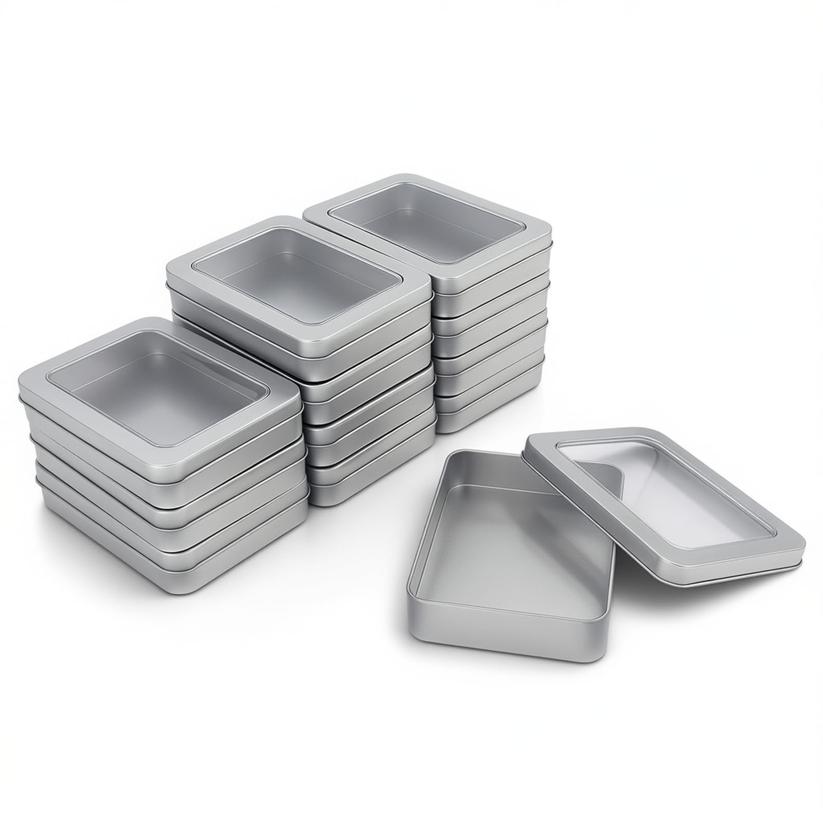 Goodma 12 Pieces Rectangular Empty Metal Tins Home Storage Containers Organizer Mini Box with Clear Window Lid, 115 x 85 x 22 mm (Silver)