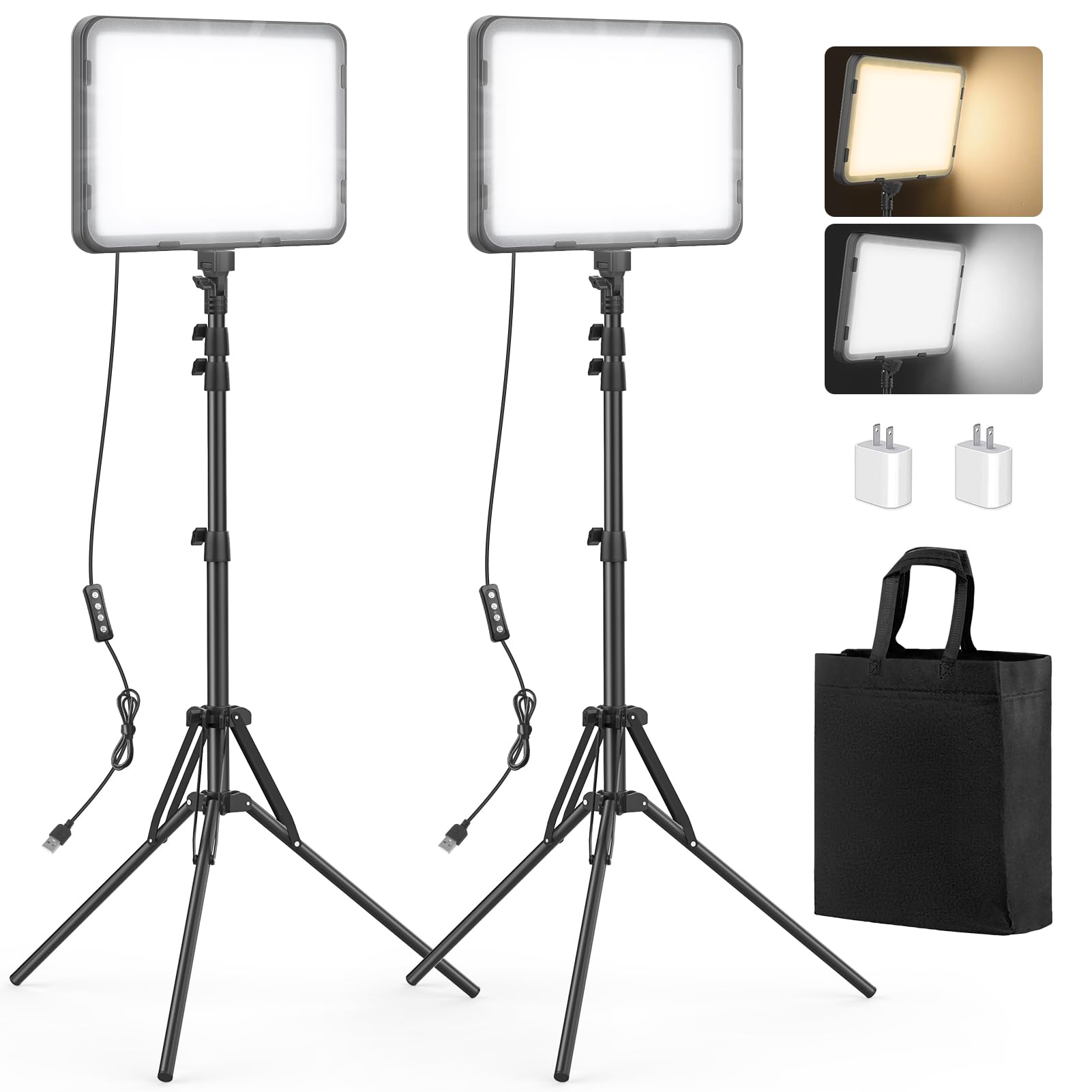 Photo 1 of 2 Pack LED Video Light with 63'' Tripod Stand, Kmasic 2500-8500K Dimmable Photography Lighting Kit,15W Soft Studio Lighting for Video Recording/Filming/Game Streaming/YouTube/Podcast, USB Charger