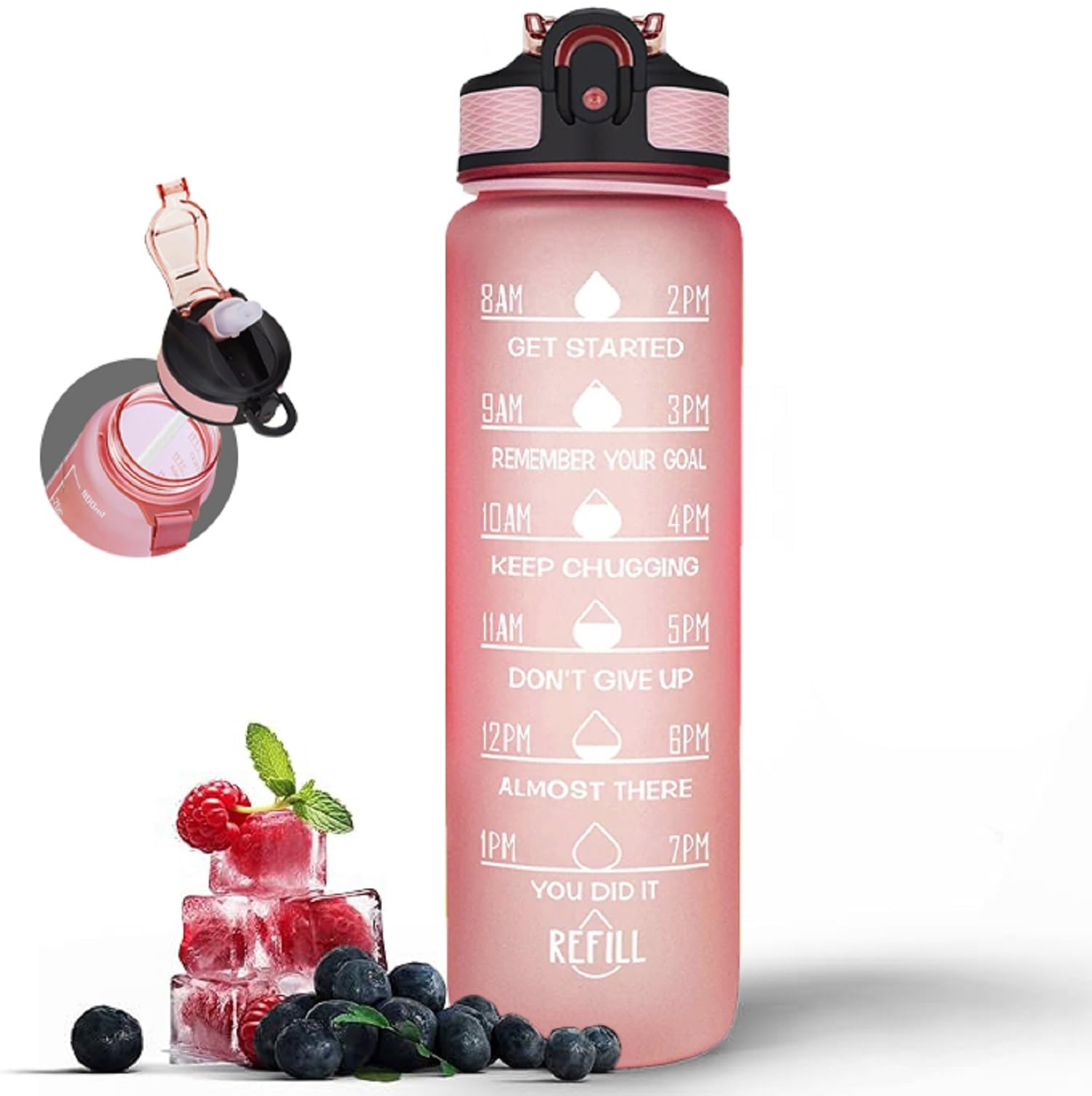 Active 100 1L Water Bottle with Straw, Motivational Time Marking | Dishwasher Safe | Leak-Proof | BPA-Free Drinks Bottle for Fitness, Work, Travel & Outdoor Use