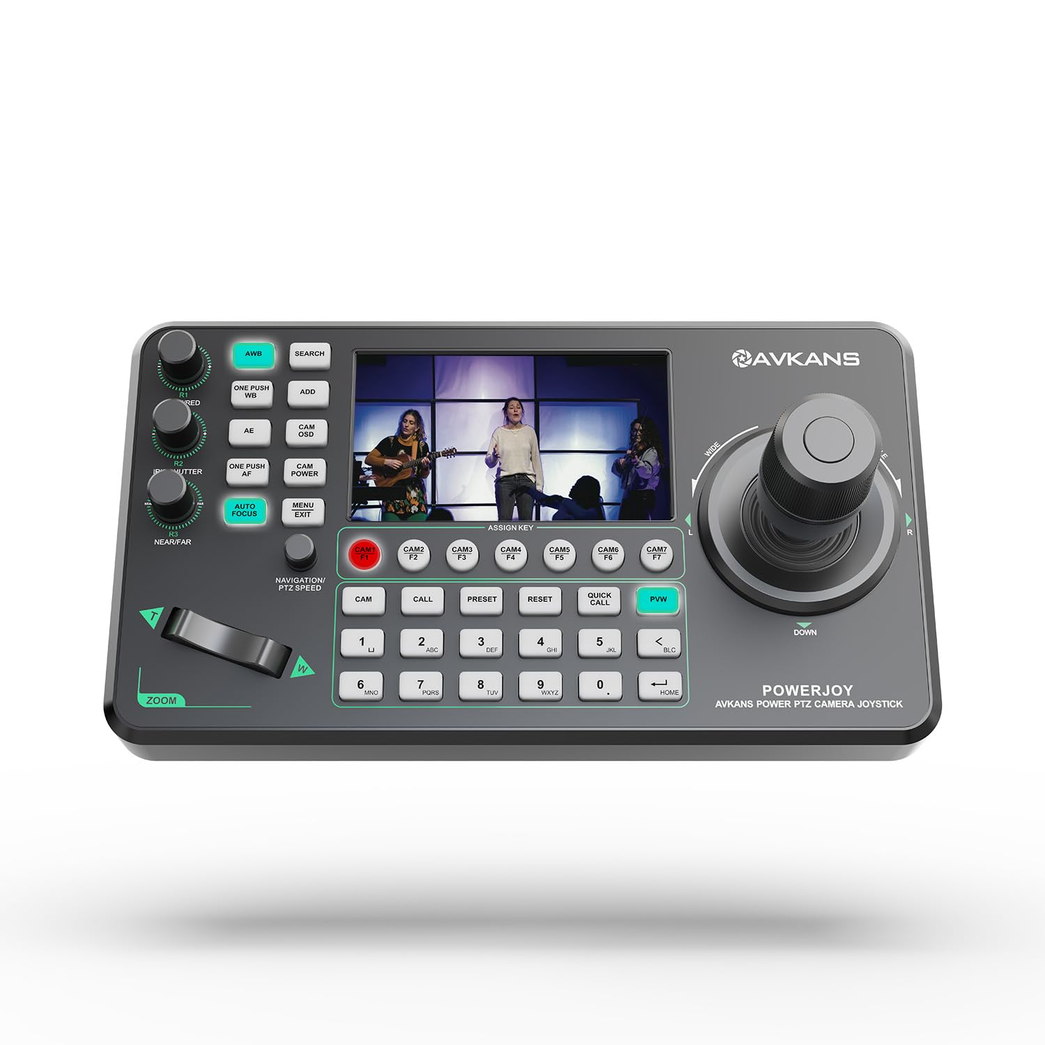 AVKANS PowerJoy PTZ Camera Joystick Controller, IP NDI PTZ Camera Controller Keyboard with 4D Joystick for Worship Church Live Streaming, NDI License Included (PTZ Controller with 5 inch Screen)