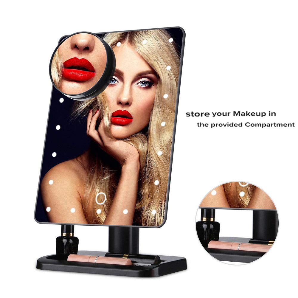Makeup Mirror with Lights and Bluetooth - Vanity Mirror with Lights with 10X Magnifying, Cosmetic Mirror with 20 LED Lights,180° Rotation,USB Charging(Black)