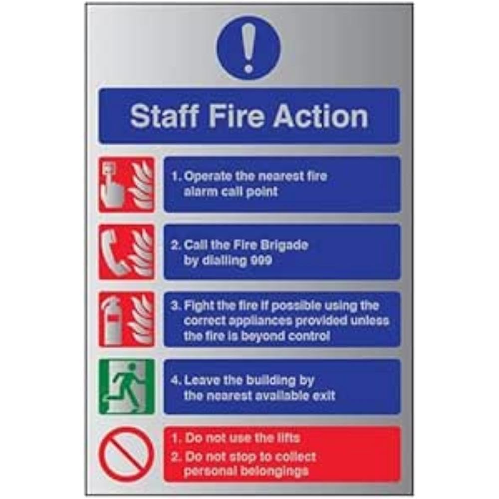 V Safety Fire Action-Staff Fire Action 999 Sign - 200mm x 300mm - 1.6mm Alu Rigid Plastic