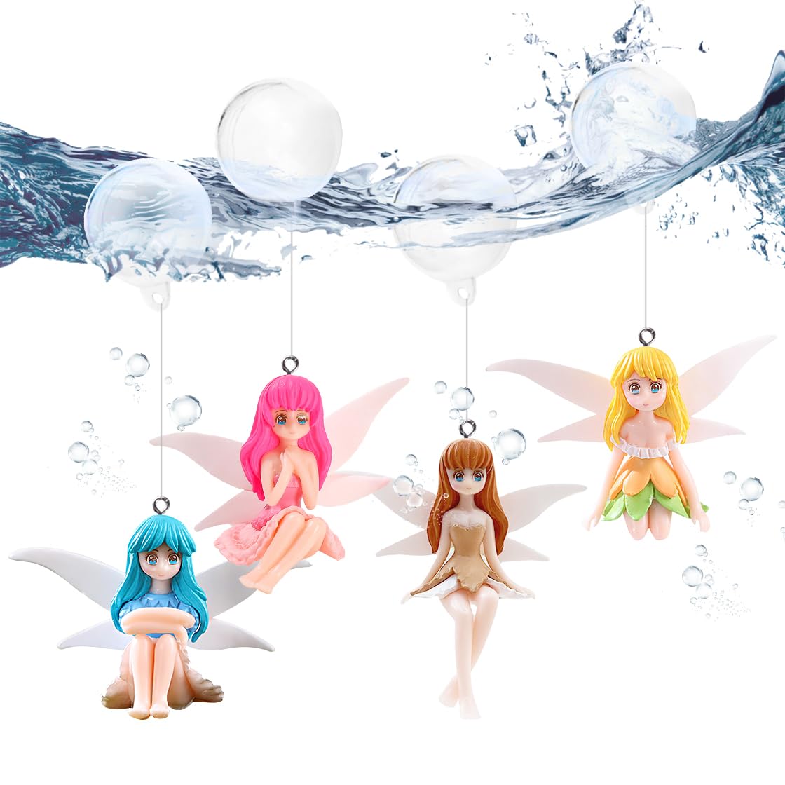 HyzaPhix 4pcs Floating Fish Tank Decorations, Miniature Fairy Figures Fantasy Aquarium Decor Small Fairy Figurines Ornament With Wing for Home Decoration (fairy)