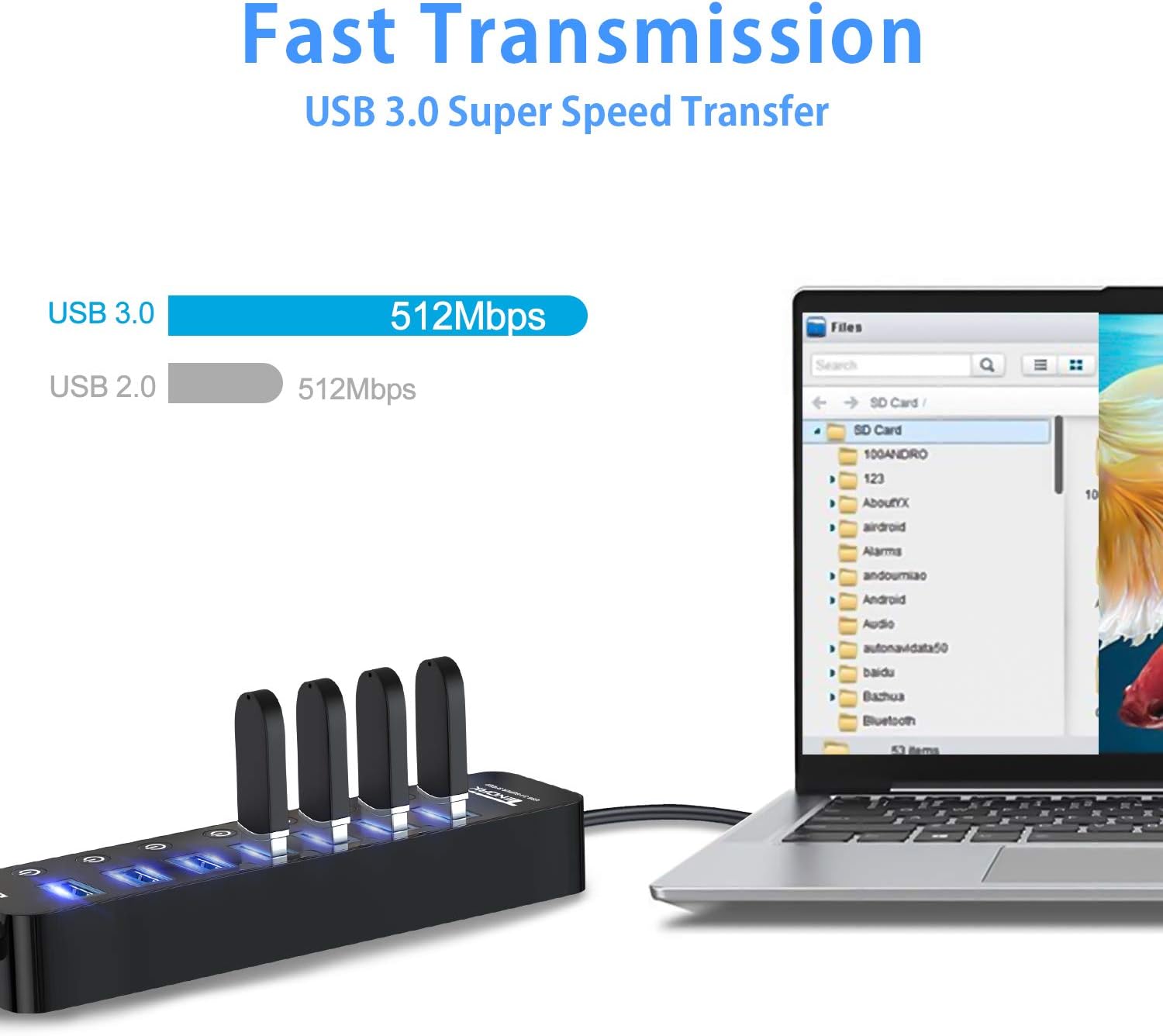 USB Hub 3.0, Tendak 7-Port USB Hub (7 USB 3.0 Data Ports + 1 USB Smart Charging Port) with 5V/4A Power Adapter Individual On/Off Switches for Mac Laptop HDD Disk: Computers & Accessories