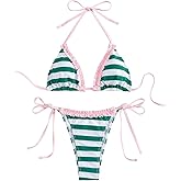 WDIRARA Women's Striped Bikini Sets Frill Trim Triangle Halter Swimsuit Tie Side 2 Piece Bathing Suit