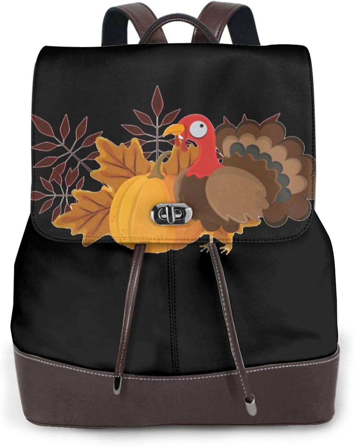 Women'S Leather Backpack,Happy Thanksgiving Turkey Pumpkin Printed