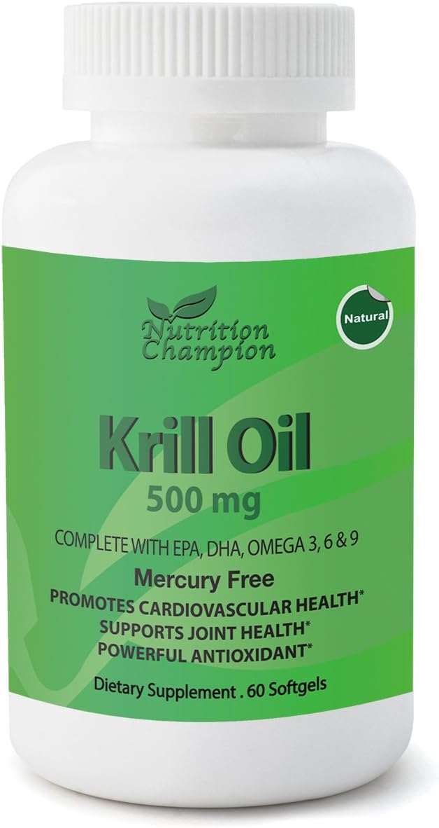 Krill Oil 500 mg x 60 Softgels with Omega 3 (EPA, DHA), Omega 6 and 9 Essential Fatty Acids, Promotes Cardiovascular Health, Supports Joint Health, Powerful Antioxidant