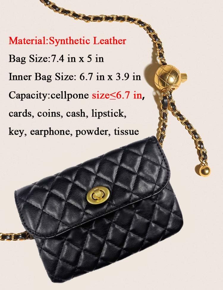 Leather Chain Belt Bag for Women Crossbody Waist Purse Fanny Pack Fashion Evening Clutch Mini Handbag Detachable