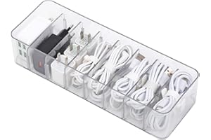 Yesesion Clear Plastic Cable Organizer Box with Adjustment Compartments, Desk Accessories Storage Case with 10 Wire Ties for Drawer, Office Supplies, Electronic Management, Battery and Charger