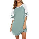 Ekouaer Cotton Nightgowns for Women Short Sleeve Sleep Shirts Crew Neck Night Shirts Soft Color Block Night Gown
