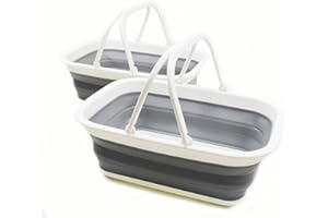 SAMMART 9.2L (2.37Gallon) Collapsible Tub with Handle - Portable Outdoor Picnic Basket/Crater - Foldable Shopping Bag - Space Saving Storage Container (2, White/Grey)