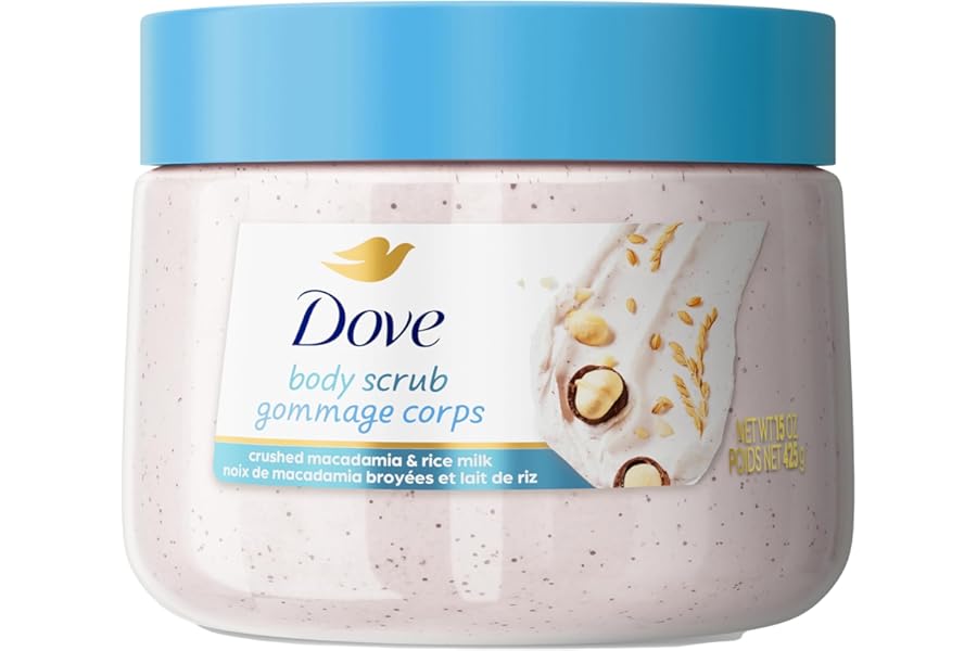 Dove Scrub Macadamia Rice Milk Body Scrub Exfoliates and Deeply Nourishes for Smooth, Radiant Skin 15 oz