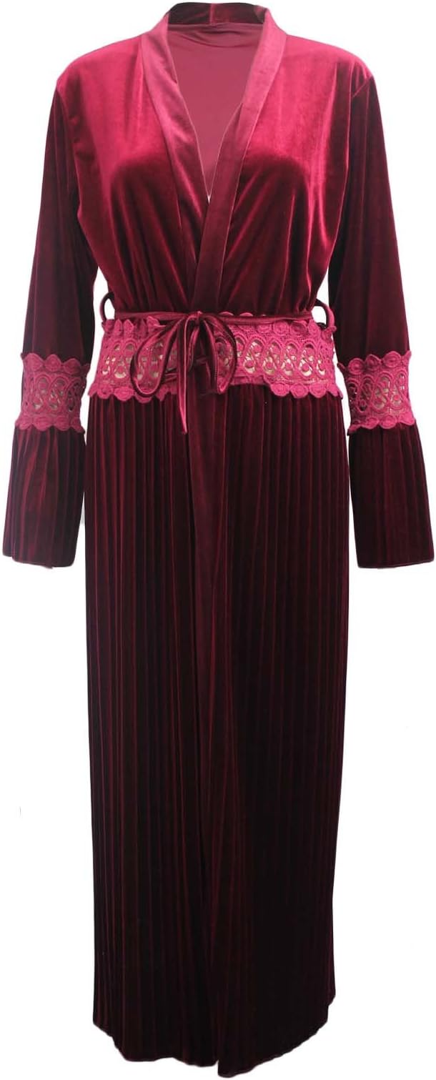 MALAIKA ® Womens Ladies Velvet Velour Pleated Long Open Cardigan Lace Belted Kimono Abaya