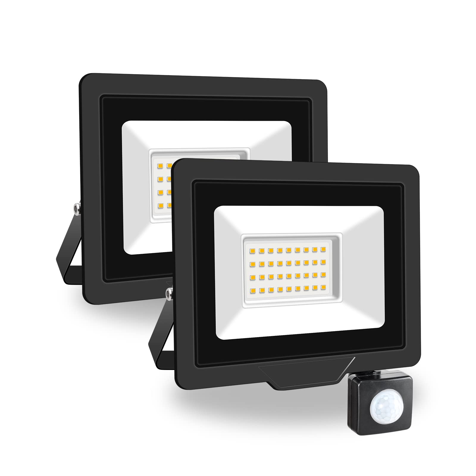 PICAA 2PCS 30W LED Flood Lights Outdoor, Super Bright Security Lights with Motion Sensor, Waterproof Floodlight, Warm White (3500K) Wall Light, for Garden, Yard, Garage, Patio,Warehouse, Parking Lot