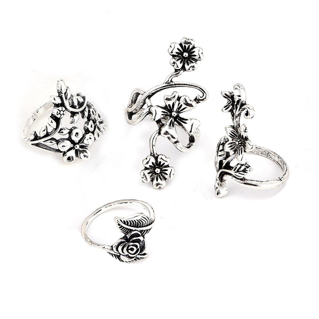 Hotstype 4 Pcs Vintage Style Carved Rose Flower Leaf Ring Set Rings