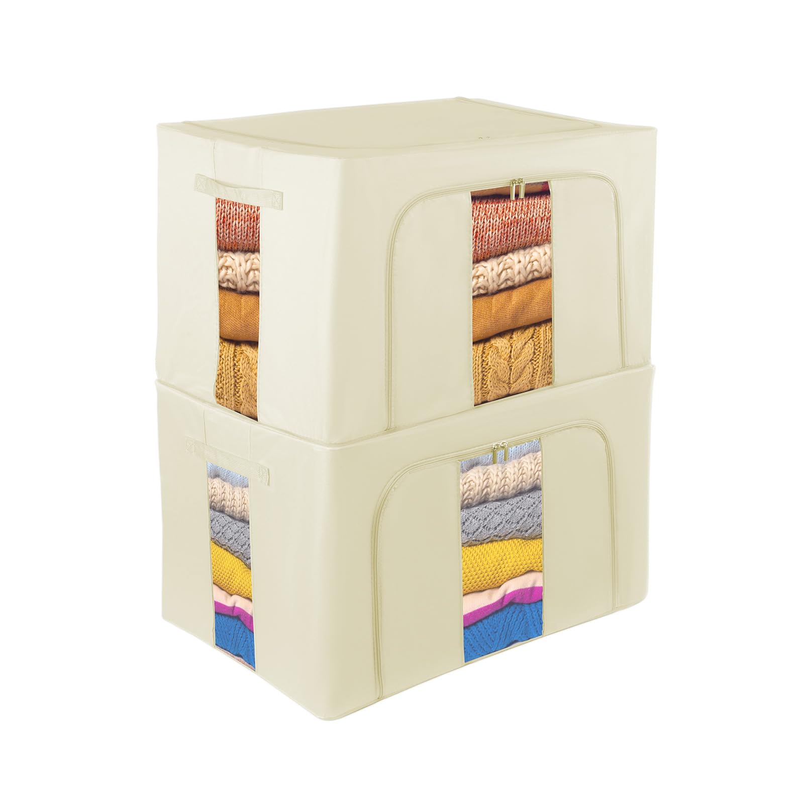 Womanht 2 Pack Closet Organizers and Storage, Foldable Oxford Steel Frame Storage Box with Clear Window & Carry Handles, Stackable Storage Bins Boxes for Clothes & Beddings & Blankets-Khaki 66L