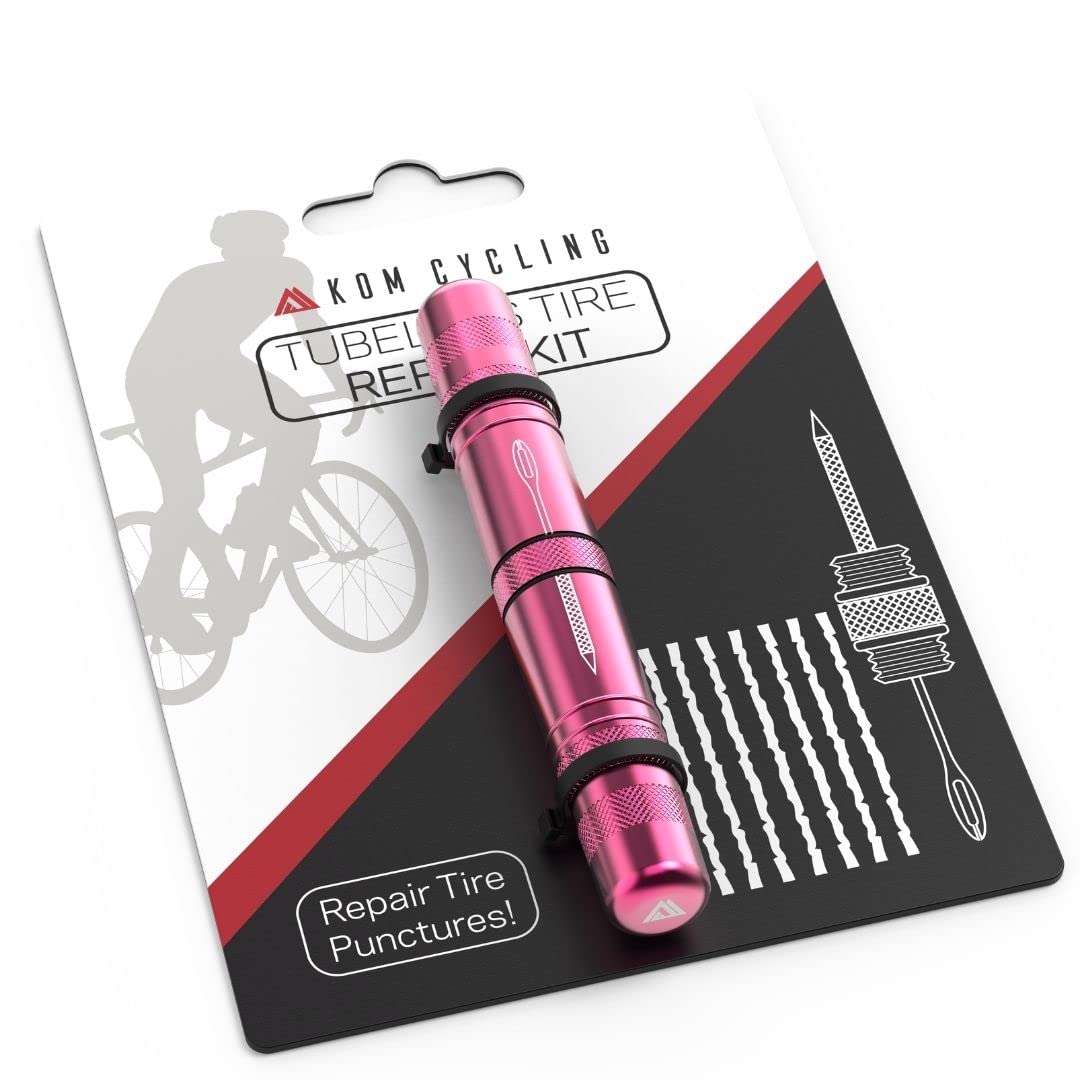 KOM Cycling Tubeless Tire Repair Kit for Bikes – 8 Colors! Fixes Mountain Bike and Road Bicycle Tire Punctures – Includes Tire Repair Fork and Reamer, 8 Bacon Strips. Tubeless Repair Made Easy (Pink)