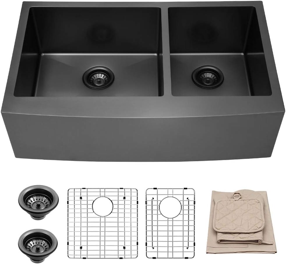 33 Farm Sink Double Bowl - Lordear 33 Inch Matte Black Farmhouse Kitchen Sink Double Bowl 60/40 Apron Front Gunmetal Black Stainless Steel Divide Farm Sink Basin
