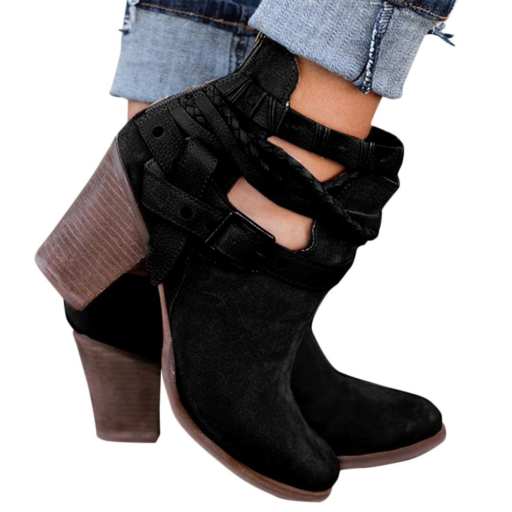 Poplover Women\'s Faux Suede Back Zipper Ankle Boots Mid Block Heels Shoes Black 4.5 UK