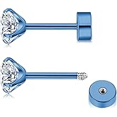 ZDE Titanium Women Flatback Earrings Cubic Zirconia Silver Stud Earrings Flat Back CZ Earrings Hypoallergenic Cartilage Flatback Earring Tragus Helix Tragus Conch Piercing 3mm/4mm/5mm