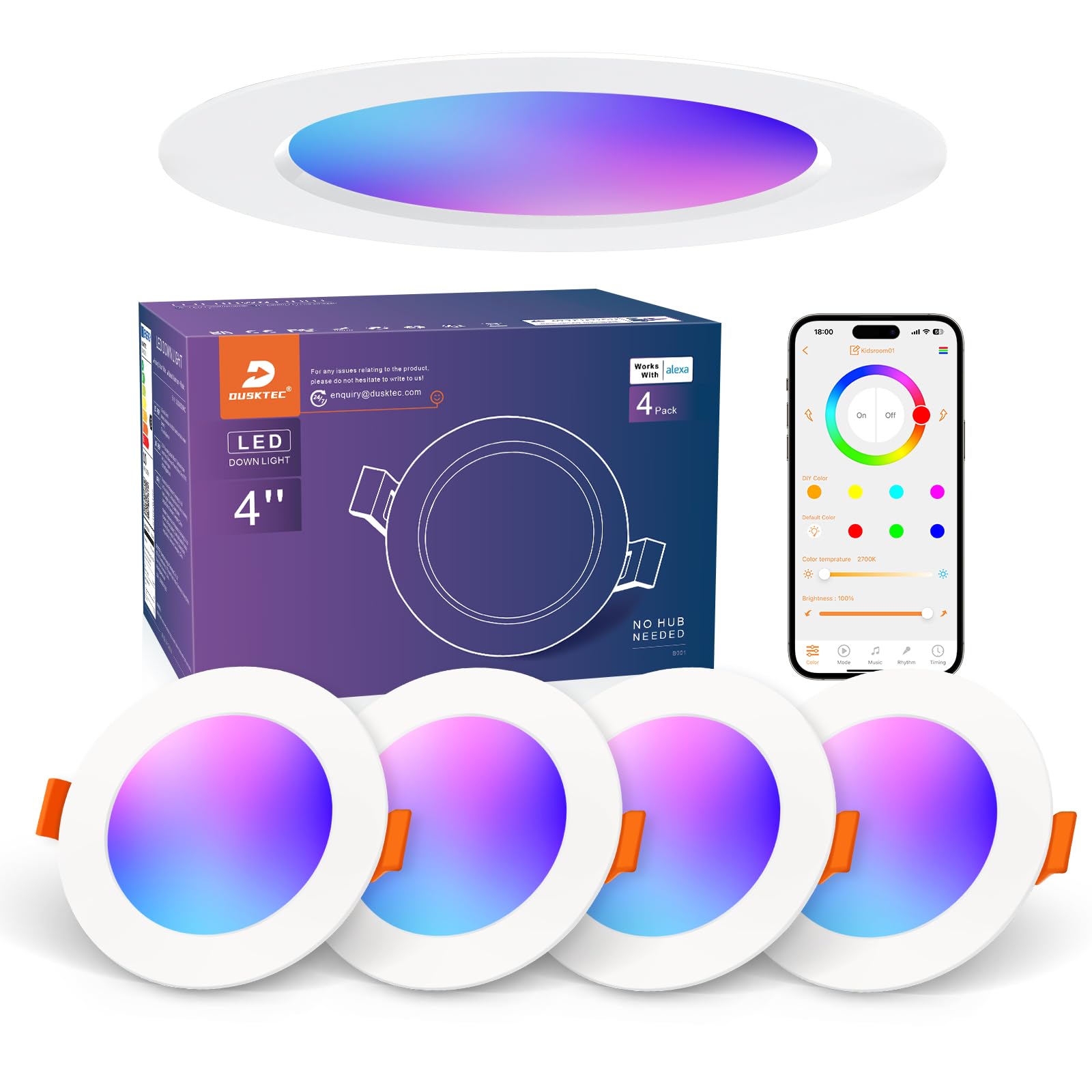 DUSKTEC RGB Downlights Alexa, Smart Colour Changing Spot Lights Ceiling 10W, 100mm Cut Out, LED Spotlights Mains, Warm White to Cool White Dimmable Ceiling Recessed Lights Bluetooth APP Control
