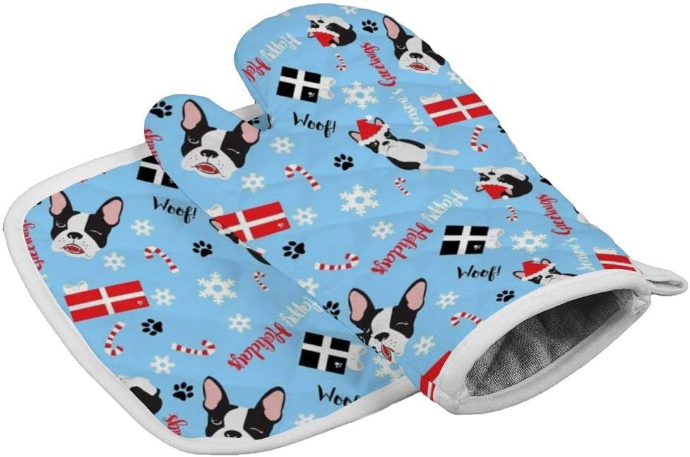 NiYoung Kitchen Glove BBQ Grill Gloves for Grilling Cutting Baking, Oven Glove + Hot Pad, with Hanging Loop, Boston Terrier Christmas Oven Mitts