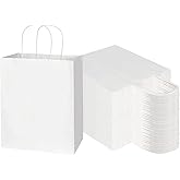 Toovip 100 Pack 8x4.75x10 Inch Medium White Kraft Paper Bags with Handles Bulk, Gift Wrap Bags for Favors Grocery Retail Party Birthday Shopping Business Goody Craft Merchandise Take Out Sacks