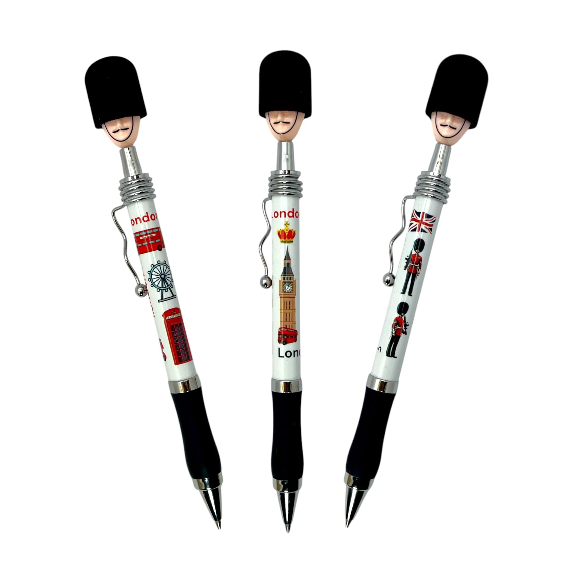Set of 3 Soldier Head Union Jack Ball Pens - London Souvenir Royal Guard Pen - Rollerball Pens - British Flag UJ England Collectable Gift Pen