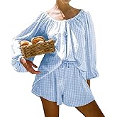 Sotimoon Womens 2 Piece Short Set Oversized Lounge Sets Long Sleeve Top and Shorts Plaid Pajamas Set