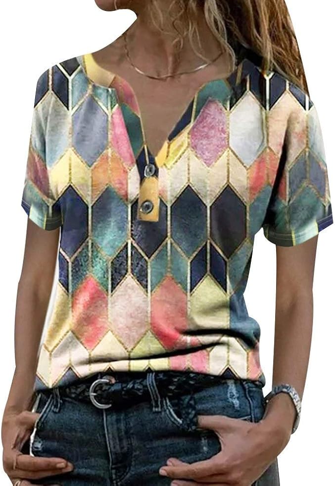 Colorful Tee Shirt Female Casual Basic Tops Summer V Neck Button