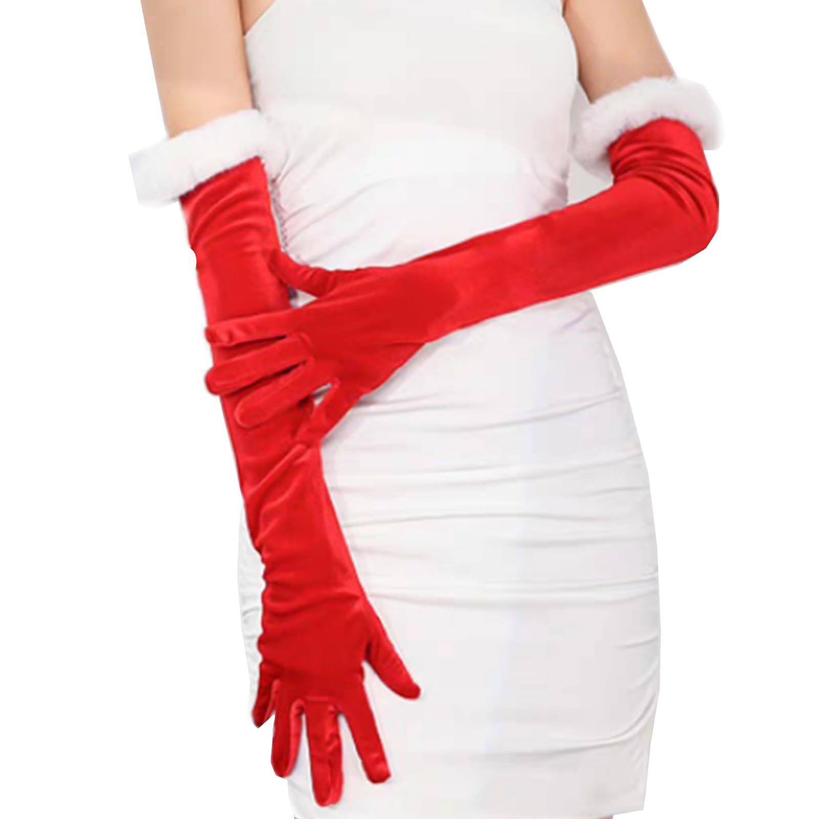 Golden Apple Christmas Women Long Gloves, Red Velvet Mittens with White Furry Fuzzy Trim for Evening Party Cosplay Wear