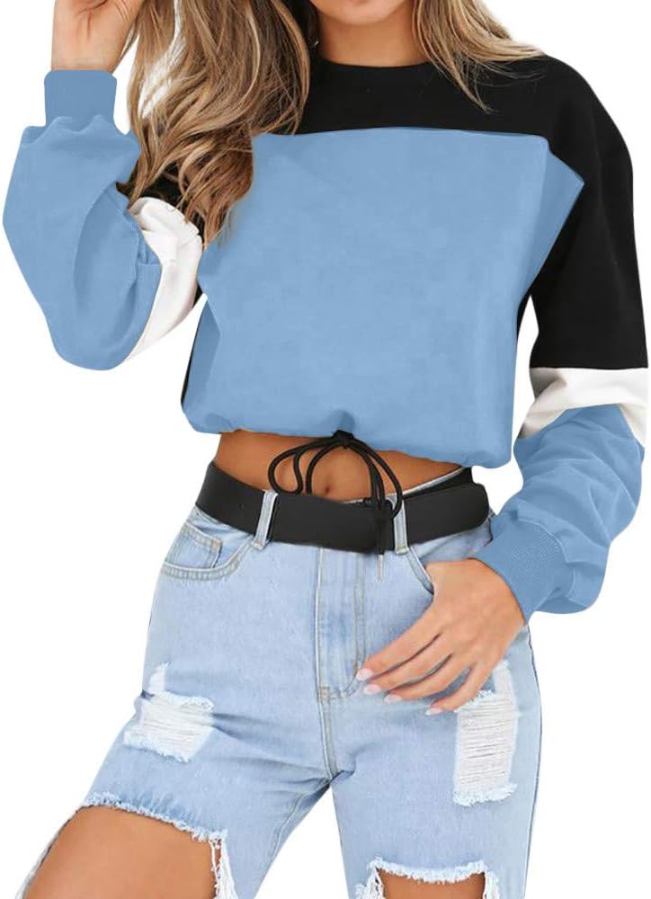 CHIDY Cropped Sweatshirt for Women Patchwork Stripe Crewneck Long Sleeve Blouse Shirts Crop Top Pullover