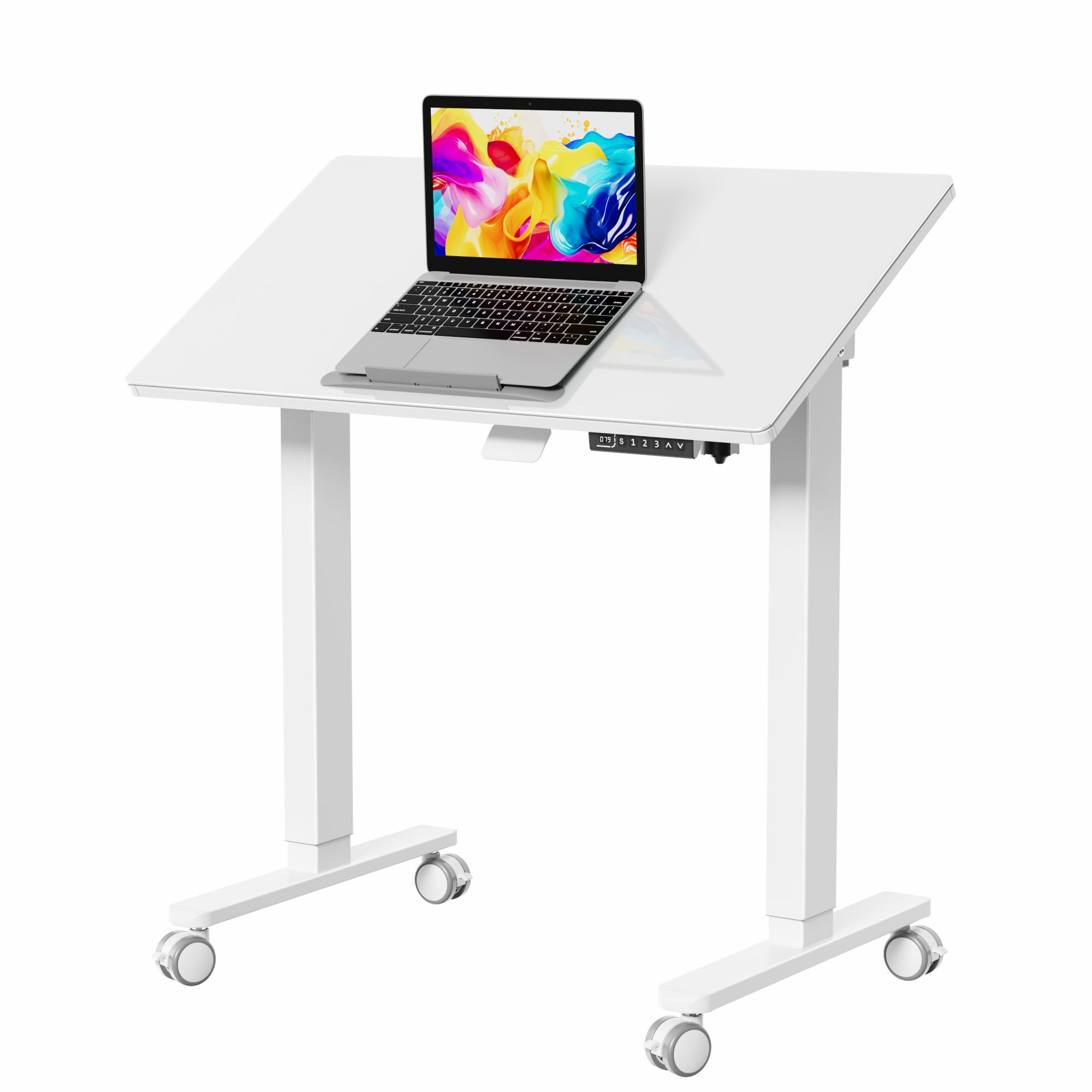 Photo 1 of Liftsync 35inch Glass Standing Desk?90° Tiltable Mobile Rising Desk Height Adjustable?Whole Piece Rolling Sit Stand Table with Wheels?Foldable Small Laptop Desk?White