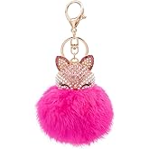HOYUNLA Rabbit Fur Ball Pom Pom Keychain with Fox Head Inlay Pearl Rhinestone for Women Backpack Car Key Chain Decoration