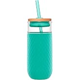 Ello Devon Glass Tumbler , Protective No Sweat Silicone Sleeve and Splash Proof Wooden Detail Lid with Straw, 18 oz