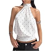 GORGLITTER Women's Polka Dots Halter Tops High Neck Tie Backless Going Out Top