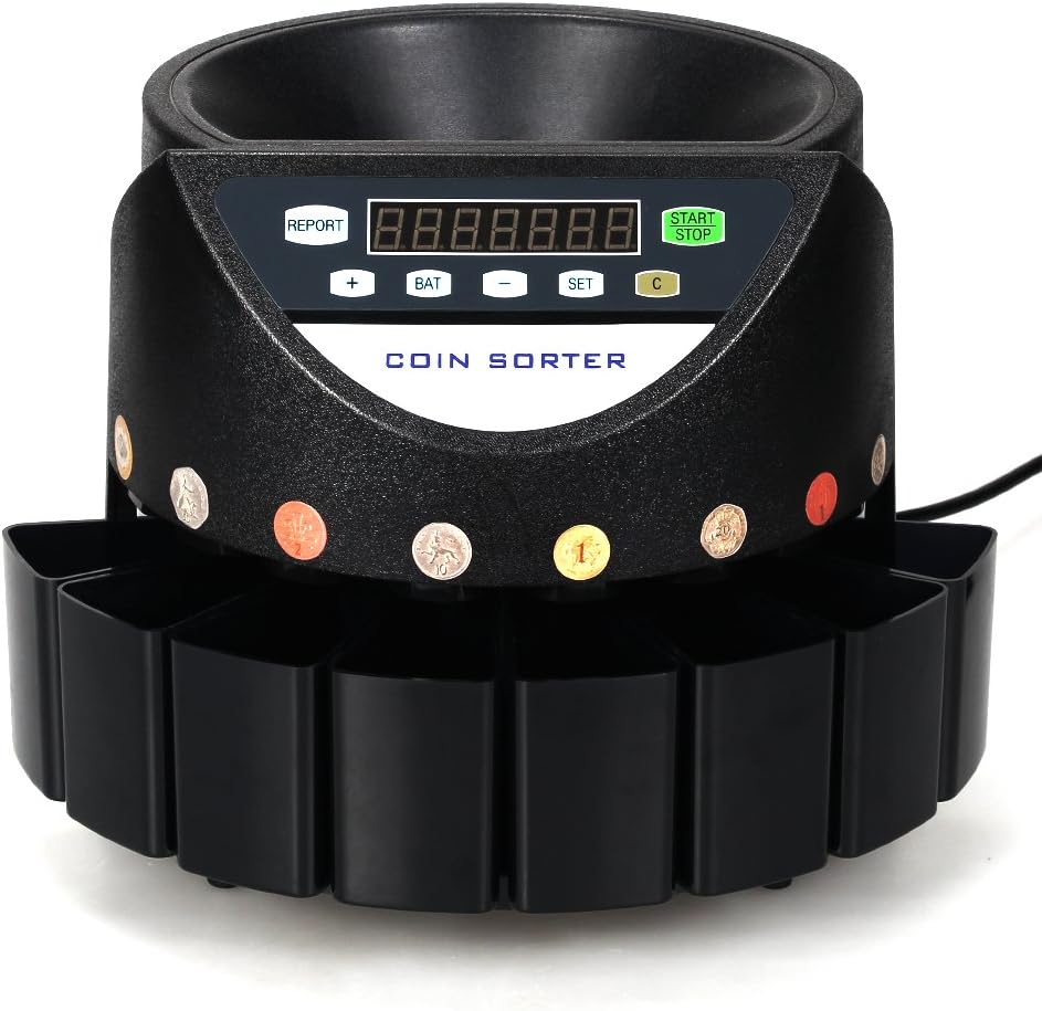 Electronic Coin sorter - Automatic Coin Counter, UK Coin Counter & Sorter for Shop or Restaurant, Efficient Coin Counting Machine, Coin Classifier, Coin Dispenser, Up to 8 Denominations