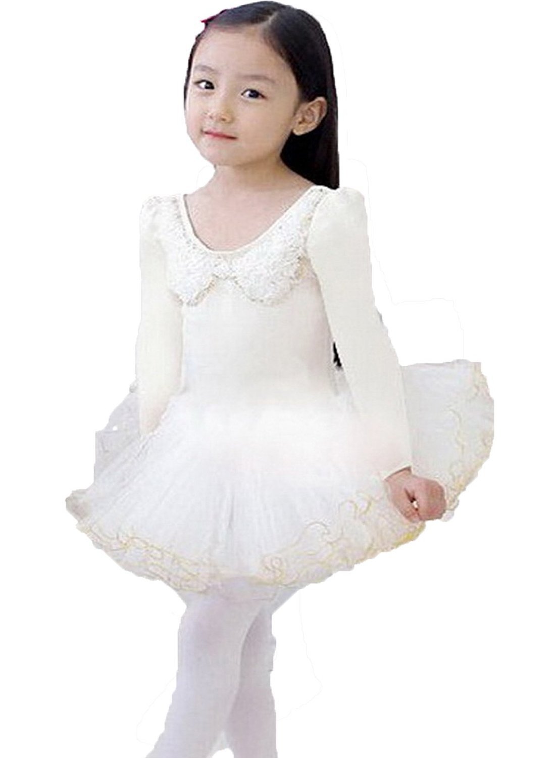 Kids Girl Ballet Dance Dress 3-9 Years Ruffle (3, White Long Sleeve)