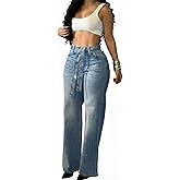 CHICME High Waisted Wide Leg Jeans for Women Rhinestone Embellished Denim Pants with Matching Sparkle Belt