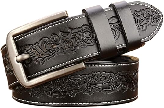 Amazon Co Jp メンズ ベルト幅3 8cmフローラルエンボスベルトと本革 ベルトとレトロシングルプロングバックル ジーンズ フィットしてトリミング 仕事 スポーツ アウトドア