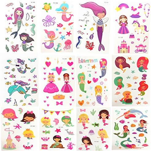 Oexper 12 Sheets of Mermaid Temporary Tattoos Cartoon Crown Princess Tattoo Stickers for Girls Boys Kids Adults – Great for Mermaid Party Supplies Party Favors Stocking Stuffers Fun
