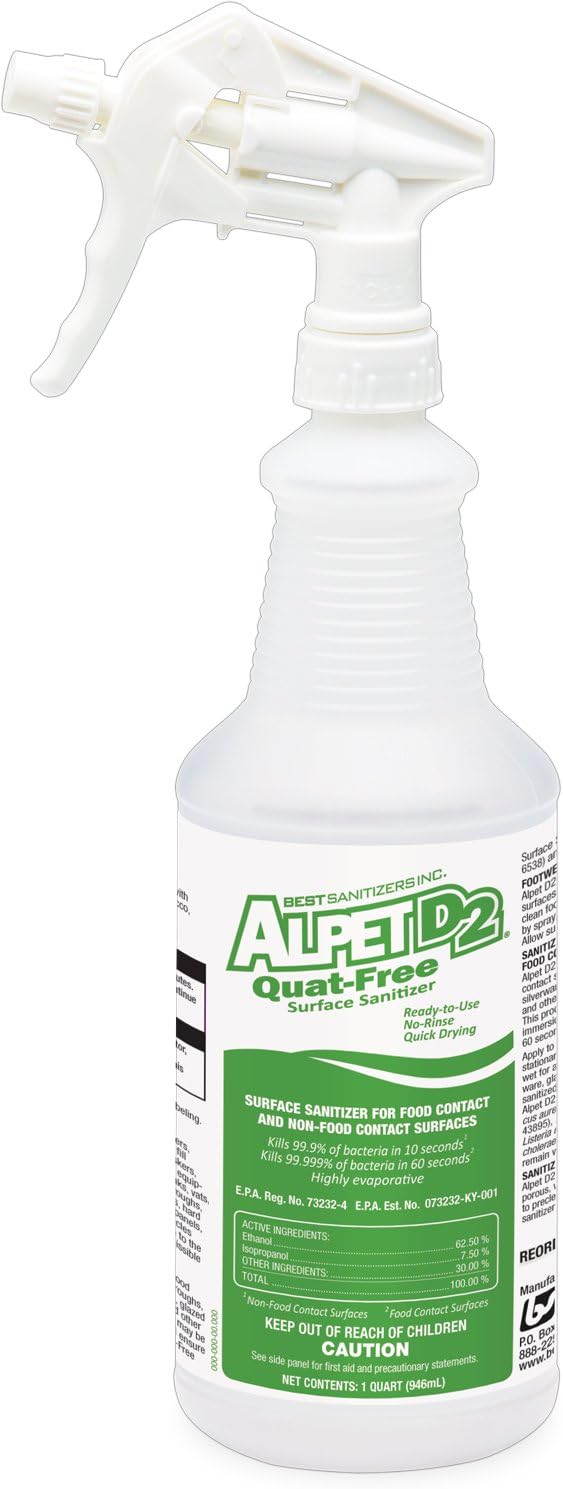 Best Sanitizers SS10032 Alpet D2 Quat-Free Surface Sanitizer, 12 x 1 Quart Bottles with Trigger Sprayers, 32 oz. (Pack of 12)