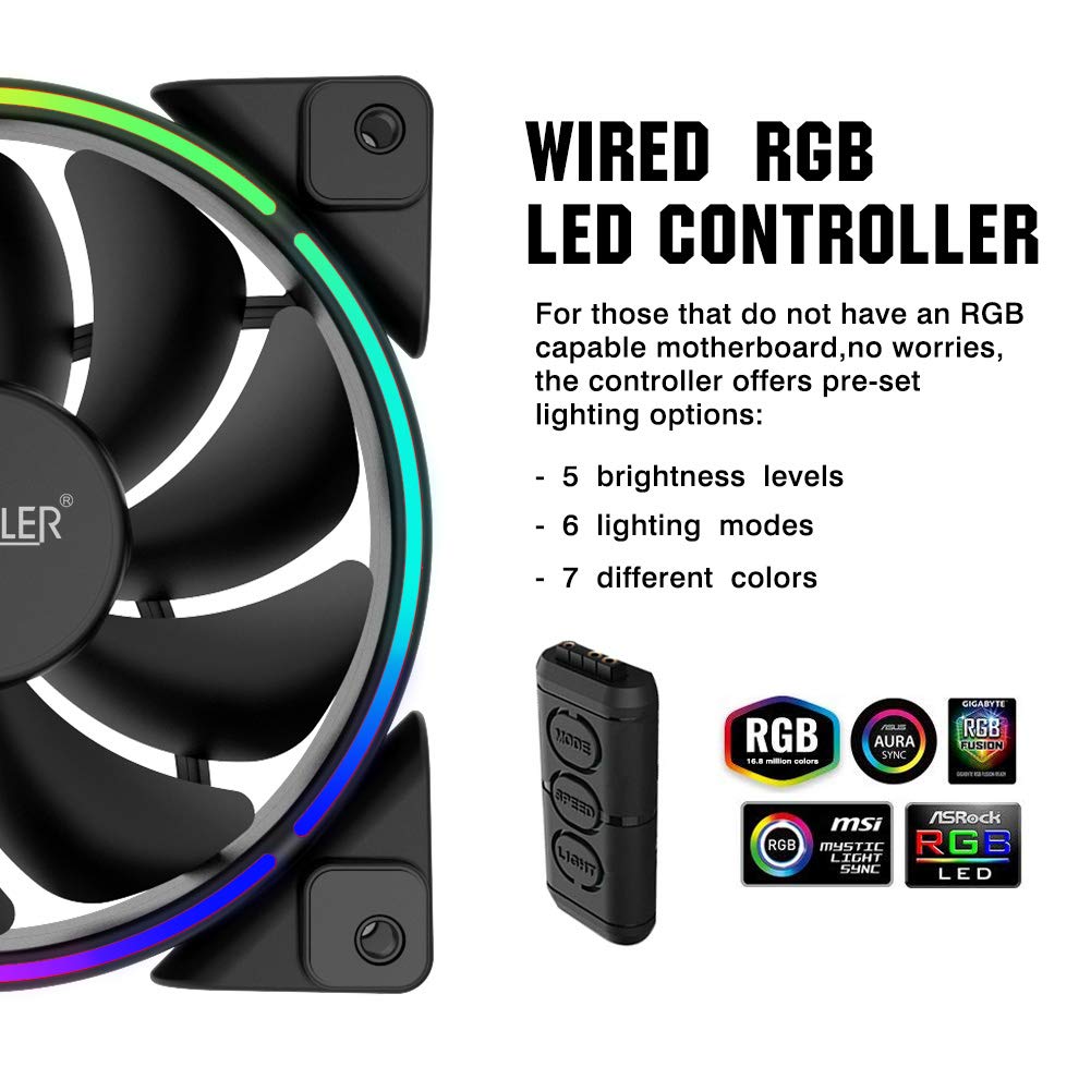 Pccooler 120mm Fan Moonlight Series, PC-3M120 RGB LED Computer Case Fan - PWM PC Cooling Fan - Dual Light Loop Quiet Fan/Multiple Light Modes with Controller for PC Cases, CPU Coolers (Multicolor)