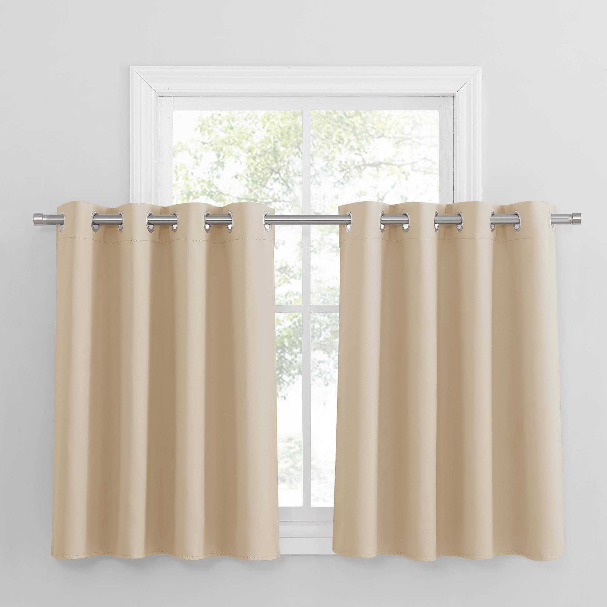 PONY DANCE Beige Eyelet Short Window Curtains for Kitchen Thermal Inuslated & Energy Saving Curtains for Home Decoration Privacy Soundsproof Shading Drapes, W 52 x L 36 In, 2 Pieces, Biscotti Beige
