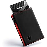 LORZOR Wallet for Men with Metal Card Holder, Pop Up Wallet, Finest Full Grain Leather Trifold Wallet, Smart, Minimalist, RFID Blocking, Front Pocket, ID Window, Black/Red