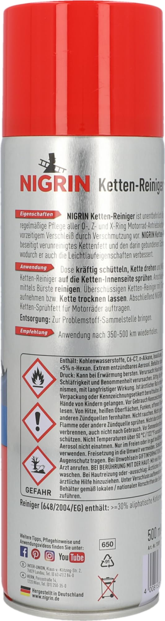 NIGRIN Kettenreiniger, 500 ml Sprühdose, Kettenspray für Motorrad, reinigt und entfettet Motorradketten 4